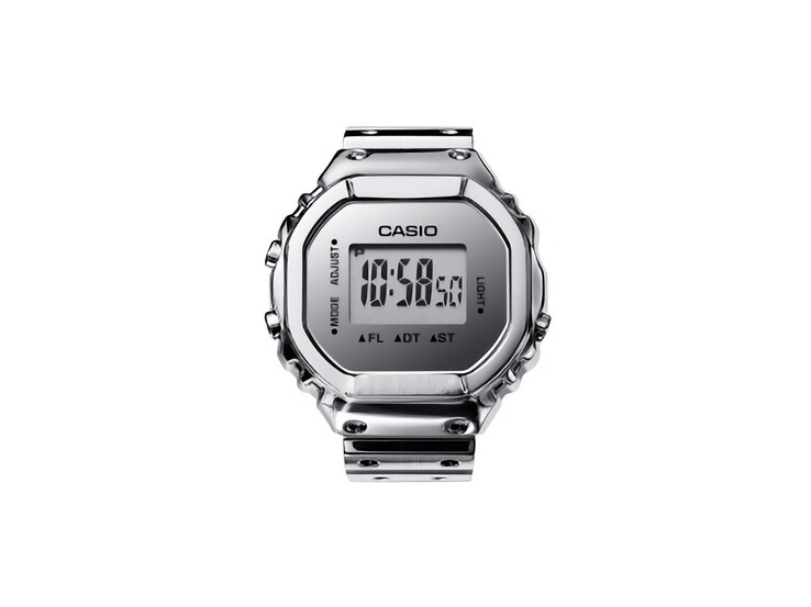 Widok z przodu inteligentnego zegarka Casio CRW-H001M-8 w formie pierścienia, wyposażonego w cyfrowy wyświetlacz LCD i wykończonego na połysk w kolorze srebrnym.