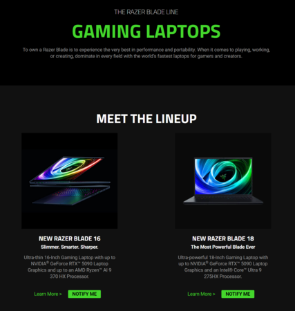 Laptopy Razer Blade są niedostępne w amerykańskim sklepie (źródło obrazu: zrzut ekranu, sklep Razer US)
