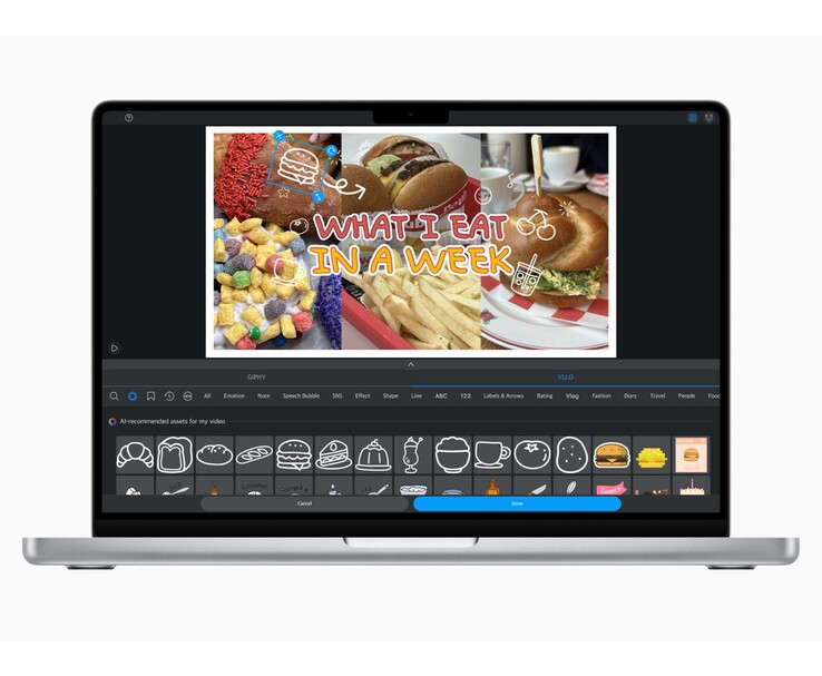 MacBook pokazujący aplikację VLLO z naklejkami sugerowanymi przez sztuczną inteligencję do vloga kulinarnego. (Źródło obrazu: Apple Newsroom)