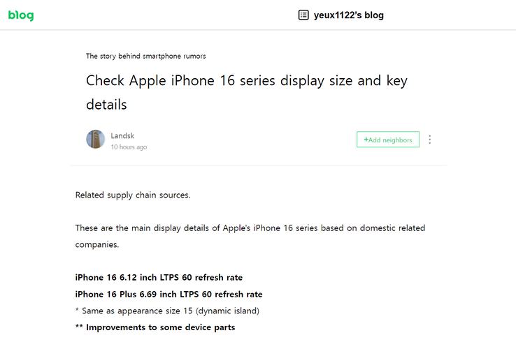 Najnowszy wpis na blogu "iPhone 16-series display specs" (przetłumaczony). (Źródło: Naver)
