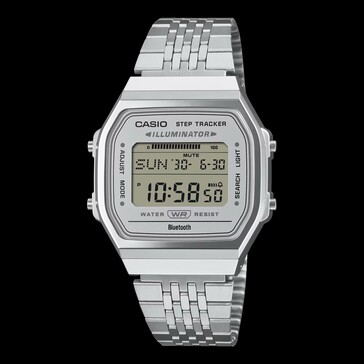 Casio ABL-100WE-7A ze srebrną tarczą oraz srebrną kopertą i bransoletą.