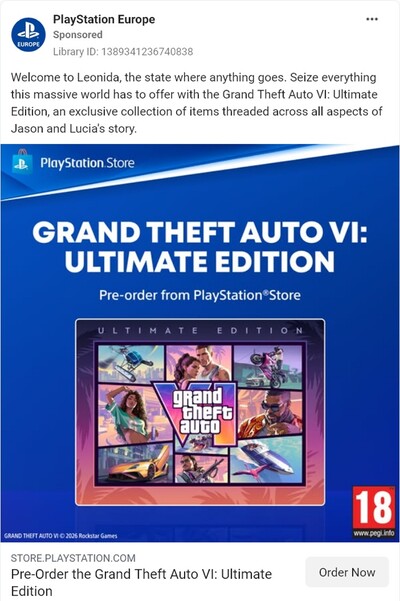 Reklama PlayStation Store z widoczną ostateczną kategorią wiekową PEGI dla GTA 6 na PS5