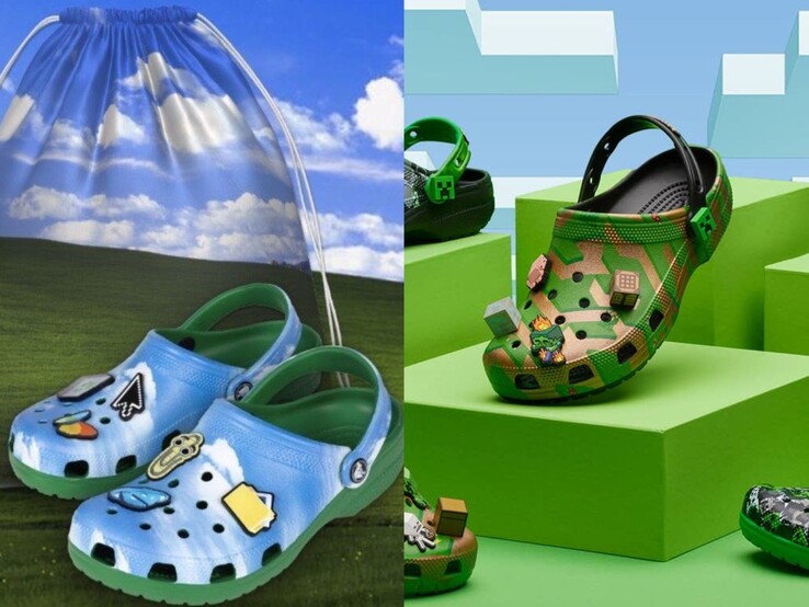 Crocsy z motywem Windows XP z błogością woreczek ze sznurkiem obok crocsów z edycji Minecraft (Źródło zdjęcia: Microsoft)