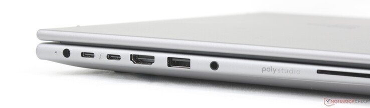 Po lewej: zasilacz sieciowy, 2x USB-C Thunderbolt 4 z DisplayPort 2.1 + Power Delivery (40 Gb/s), HDMI 2.1, USB-A (5 Gb/s), combo audio 3,5 mm, czytnik Smartcard (opcjonalnie)