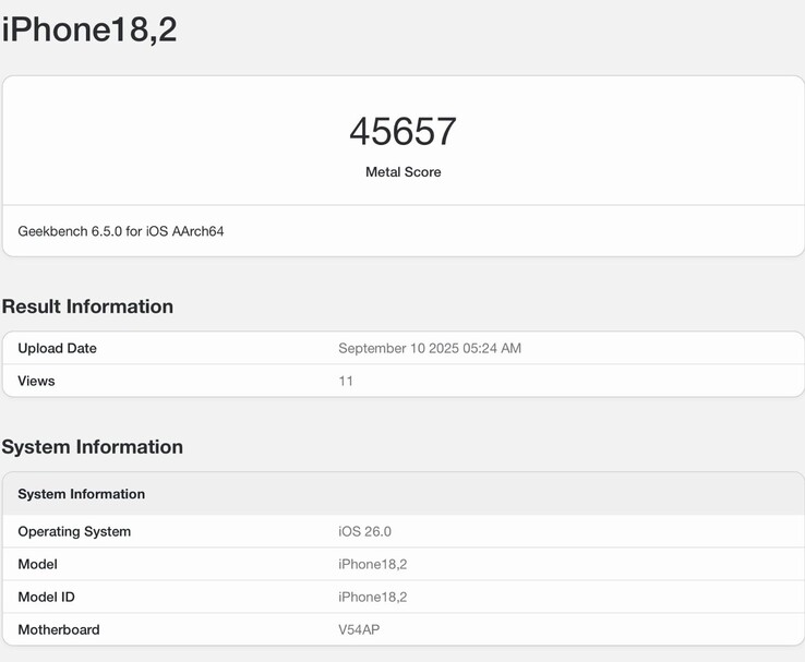 Zrzut ekranu Geekbench 6 pokazujący Apple iPhone 17 Pro z A19 Pro w benchmarku Metal GPU (źródło obrazu: @jimmyjames_tech na Twitterze)