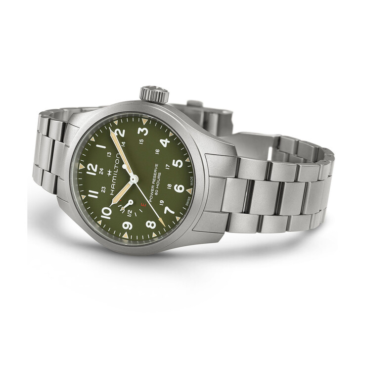 Model Hamilton Khaki Field Power Reserve 40 mm z zieloną tarczą