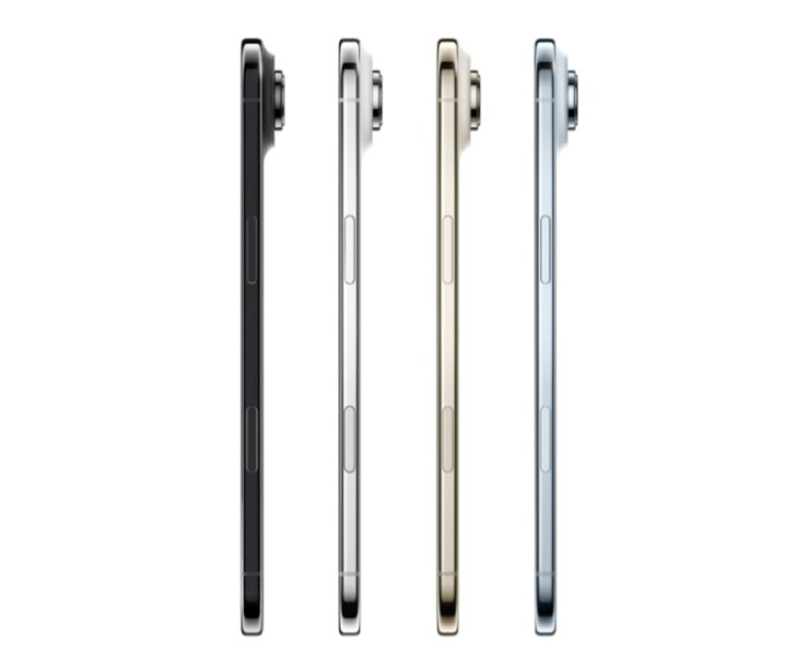 Widok z profilu bocznego czterech modeli Apple iPhone Air w wykończeniu czarnym, białym, złotym i niebieskim (źródło zdjęcia: Apple)