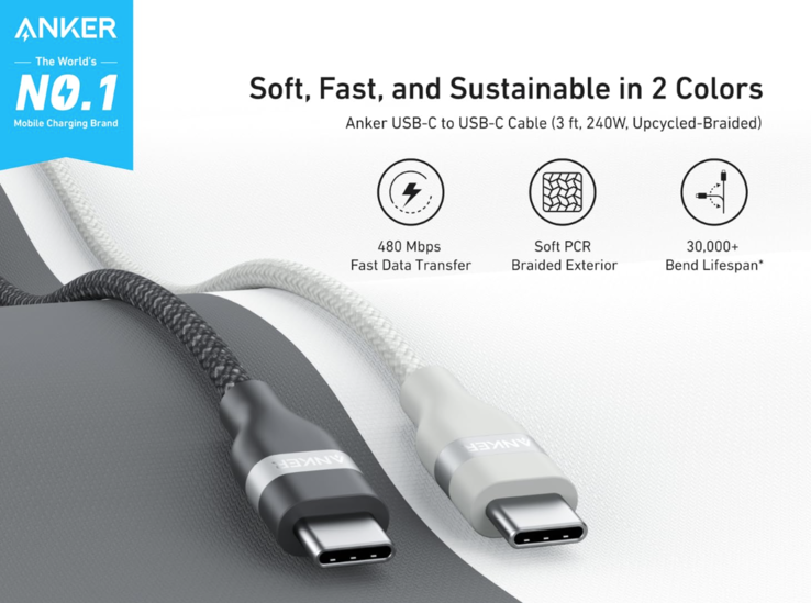 Niedawno wprowadzony na rynek kabel Anker USB-C do USB-C (240W, Upcycled-Braided). (Źródło zdjęcia: Anker)