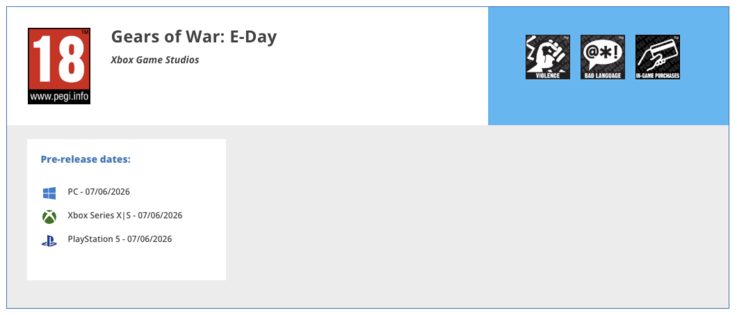 Ocena Gears of War: E-Day na stronie PEGI.