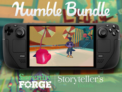 Wszystkie gry z kolekcji Serenity Forge można nabyć za minimalną kwotę 12 dolarów. Na zdjęciu: Steam Deck uruchamiający Smile For Me (źródło obrazu: Humble Bundle i Steam - edytowane)