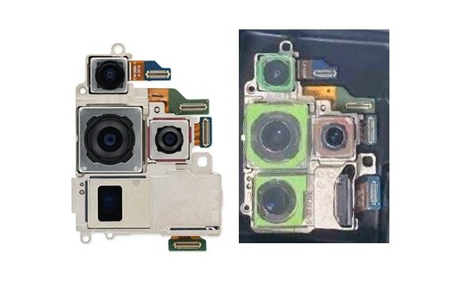 Moduł kamery Samsung Galaxy S23 Ultra (po lewej) w porównaniu z wyciekającym obrazem poczwórnej kamery Galaxy S24 Ultra.