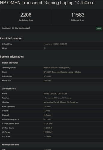 Ultra 5 125H (źródło obrazu: Geekbench)