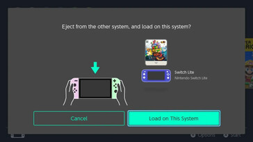 Ekran Nintendo Switch z pytaniem "Wysunąć z innego systemu i załadować na ten system?" z wirtualną kartą gry Super Mario 3D World + Bowser's Fury wyświetlaną obok ikony Switch Lite i ikony OLED Switch.