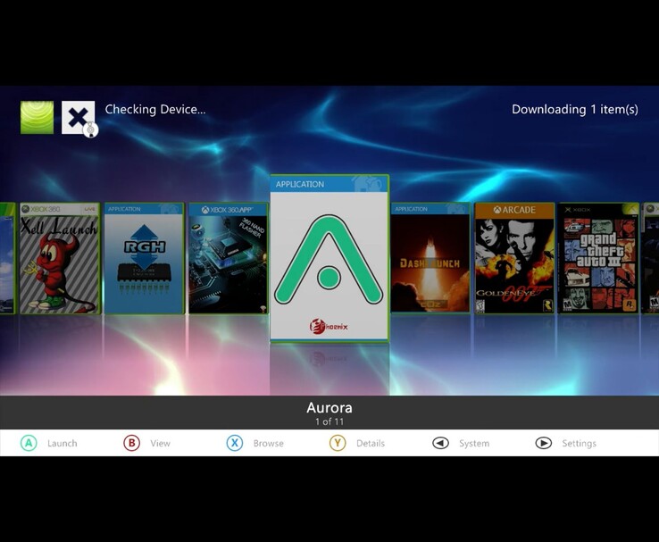 Menu homebrew konsoli Xbox 360 z wybraną ikoną pulpitu nawigacyjnego Aurora, z innymi aplikacjami i grami, takimi jak XeLL Launch, RGH, Dash Launch, GoldenEye 007 i Grand Theft Auto III widocznymi w tle. (Źródło obrazu: MrMario2011 na YouTube)