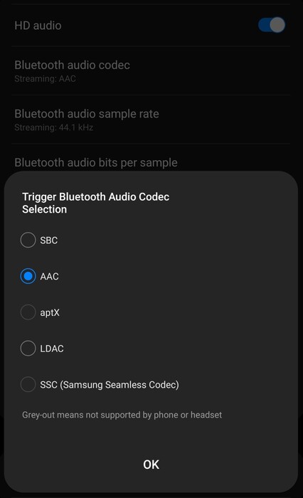 Zakres dostępnych kodeków audio Bluetooth również wygląda na Galaxy S23 Ultra rozczarowująco.