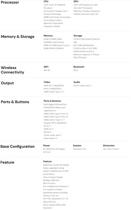 Arkusz specyfikacji mini PC Matrix M5