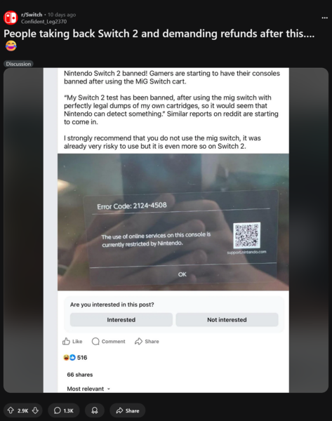 Switch 2 Nintendo Switch Online ban za używanie kartridża Mig flash (źródło obrazu: Switch subreddit)