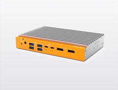 Bez wentylatora mini PC OnLogic Helix 320 może być wyposażony w procesor Intel z maksymalnie 8 rdzeniami i ma aluminiową obudowę w srebrnym kolorze z pomarańczowym frontem