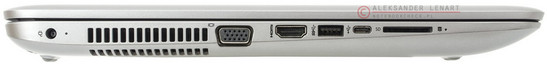 lewy bok: gniazdo zasilania, szczeliny układu chłodzenia, D-Sub, HDMI, USB 3.0, USB typu C, czytnik kart pamięci, kontrolka dysku