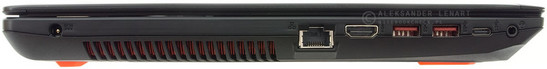 lewy bok: gniazdo zasilania, wylot powietrza z układu chłodzenia, LAN, HDMI, dwa USB 3.0, USB 3.1 typu C, gniazdo audio