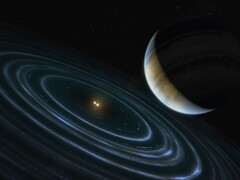 Ilustracja autorstwa artysty przedstawiająca niebieską planetę i dwie gwiazdy.