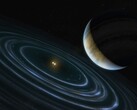 Ilustracja autorstwa artysty przedstawiająca niebieską planetę i dwie gwiazdy.