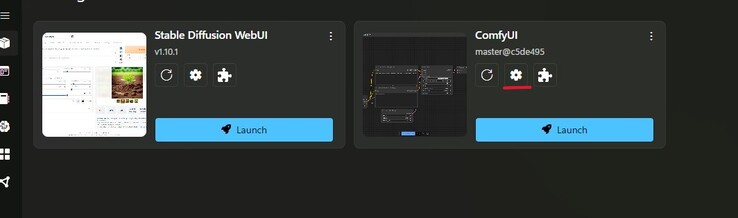 Zrzut ekranu z centrum pakietów Stability Matrix z ustawieniami podświetlonymi na czerwono na kafelku ComfyUI. (Źródło obrazu: Windows Screen Capture)