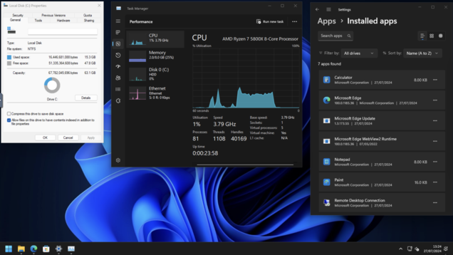 15 GB pamięci masowej, 2 GB pamięci RAM, 80 procesów i tylko 7 aplikacji. Tak powinien wyglądać system Windows 11 po wyjęciu z pudełka. (Źródło obrazu: własne)