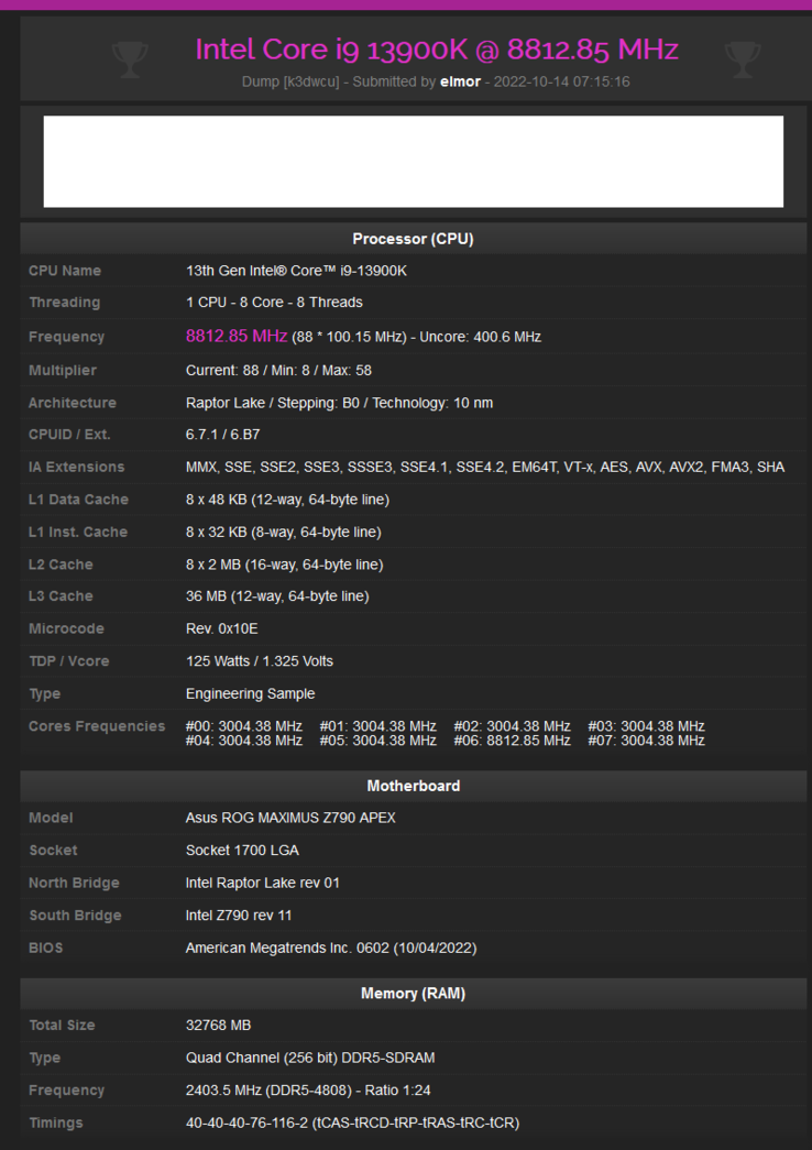 Intel Core i9-13900K trafia na 8,8 GHz (image via HWbot)