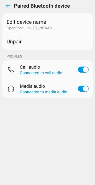 Dodanie "_NOAAC" do nazwy OpenRock Link 20 w ustawieniach Bluetooth Android zmusza słuchawki do korzystania z kodeka audio SBC zamiast AAC. (Źródło obrazu: Notebookcheck)