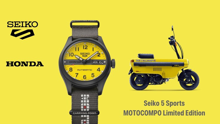 Infografika przedstawiająca model Seiko 5 Sports Field x Honda Motocompo obok skutera Motocompo.