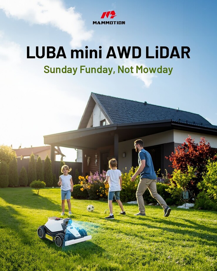 Plakat kosiarki automatycznej Mammotion Luba mini AWD LiDAR udostępniony w mediach społecznościowych. (Źródło zdjęcia: Mammotion)