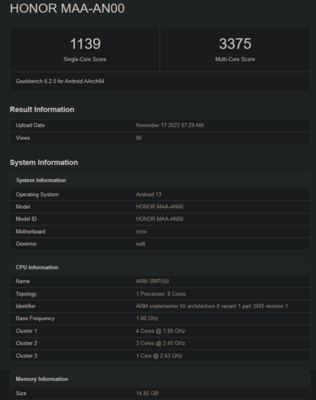 Wynik Geekbench dla Snapdragona 7 Gen 3 (zdjęcie za pośrednictwem Geekbench)