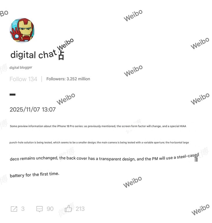 Plotka sprzętowa dotycząca iPhone'a 18 Pro. (Źródło obrazu: Digital Chat Station)