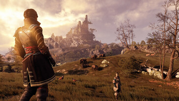 Obraz przedstawiający krajobraz i dwie postacie w grze GreedFall.