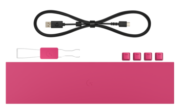 Zawartość opakowania obejmuje podpórkę pod nadgarstki, narzędzie do wyjmowania klawiszy, odłączany kabel USB-A do USB-C o długości 1,8 m, oddzielne nakładki na klawisze oraz samą klawiaturę