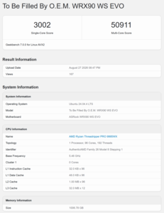 Wynik procesora Threadripper Pro 9995WX w teście Geekbench 7