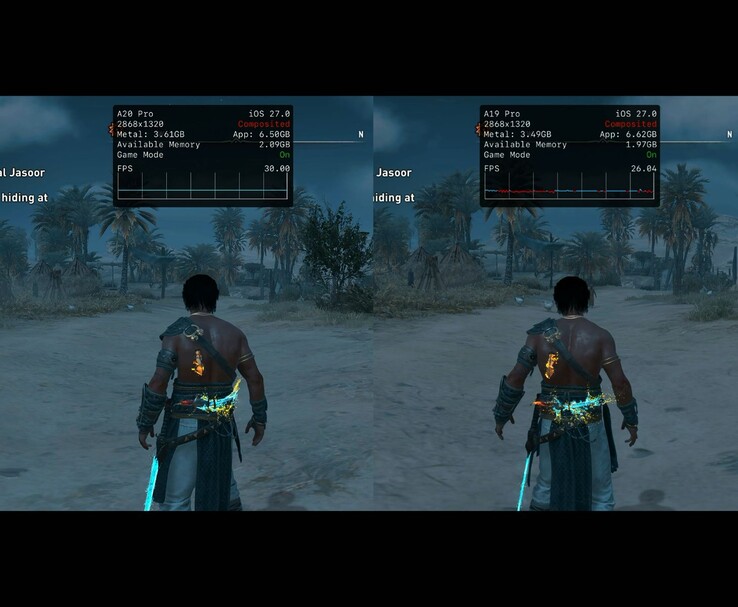 Assassin’s Creed Mirage uruchomione na iPhonie 18 Pro Max i iPhonie 17 Pro Max, pokazujące różnicę w liczbie klatek na sekundę.