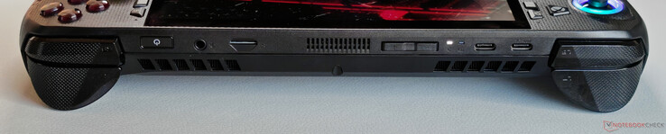 Góra: przycisk zasilania (ze skanerem linii papilarnych), 3,5 mm stereo, czytnik kart microSD, głośność, USB-C 3.2 Gen.2 (10 Gb/s, DisplayPort 2.1, Power Delivery 3.0), USB-C 4.0 (40 Gb/s, DisplayPort 2.1, Power Delivery 3.0)