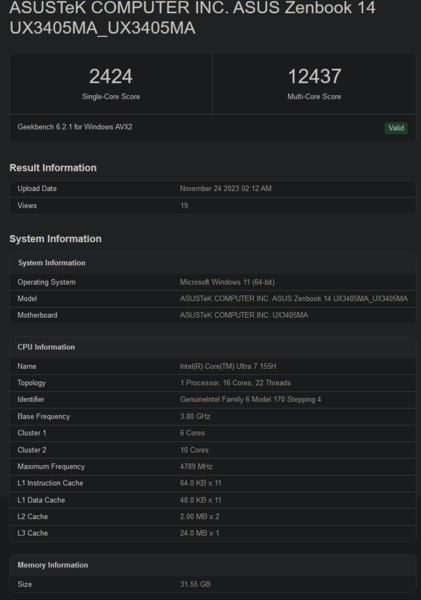 Wynik Intel Core Ultra 7 155H w Geekbench (zdjęcie za pośrednictwem Geekbench)