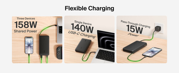 Belkin UltraCharge Pro Laptop Power Bank 25K może ładować trzy urządzenia jednocześnie.