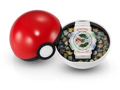 Model Casio G-Shock Pokémon 30th Anniversary GA-110 zaprezentowany w etui w kształcie Poké Balla z ozdobną wkładką przedstawiającą 30 pokemonów.