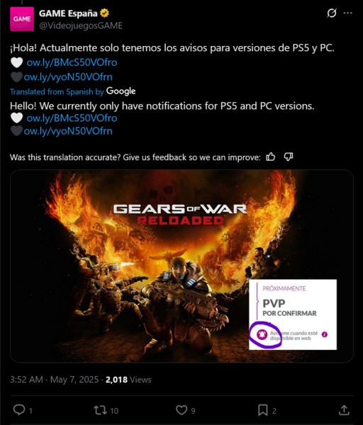 Post Game Espana Gears of War: Reloaded X (źródło obrazu: zrzut ekranu, konto Game Espana X)