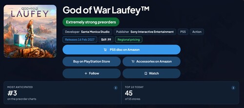 Pokazano pozycję God of War Laufey w rankingu przedsprzedaży PlayStation Store