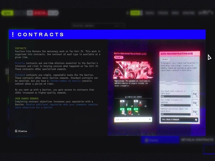 Ekran kontraktów w Marathonie przedstawia podział na zadania priorytetowe i standardowe, podkreślając nagrody frakcji, ponowne zwoje i zdobywanie reputacji przez załogę.