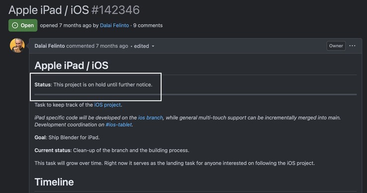 Blender oświadczył, że projekt iPada został wstrzymany.