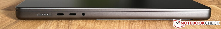 Lewa strona: MagSafe, 2x USB-C 4.0 z Thunderbolt 4 (40 Gb/s, DisplayPort-ALT tryb 1.4, Power Delivery), 3,5 mm stereo