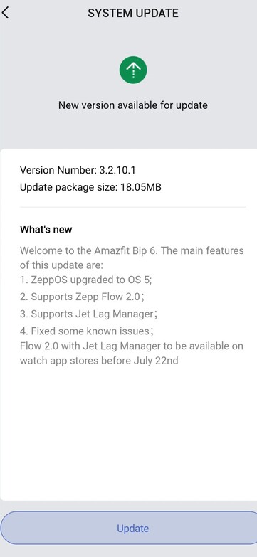 Informacje o wydaniu oprogramowania w wersji 3.2.10.1 dla smartwatcha Amazfit Bip 6. (Źródło obrazu: Amazfit)
