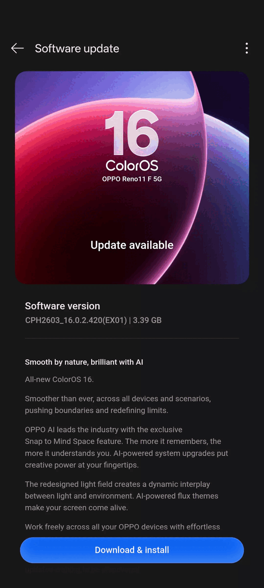 ColorOS 16 OTA na Reno 11 FS 