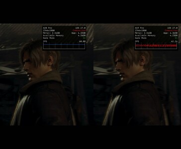 Resident Evil 4 uruchomione na iPhonie 18 Pro Max i iPhonie 17 Pro Max, pokazujące różnicę w liczbie klatek na sekundę.